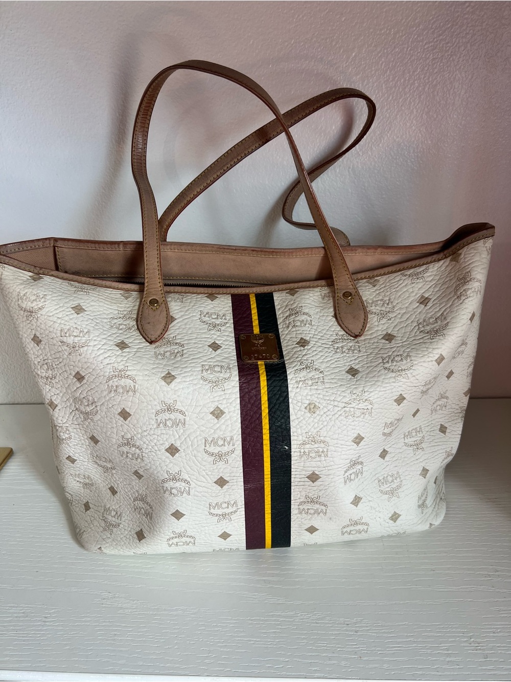 MCM White Visetos Canvas Tote with Burgundy, Navy & Yellow Stripe
